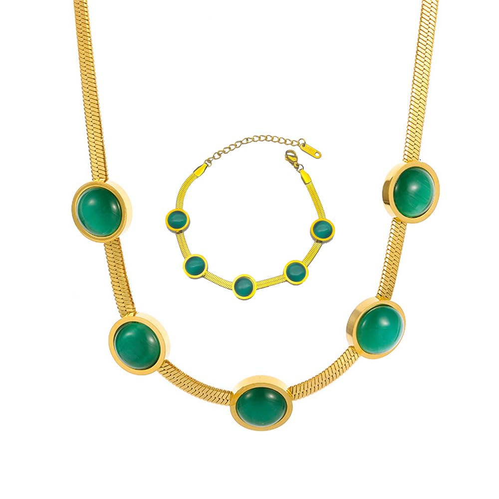 Goodern 2 PCS Green Emerald Necklace Set,Personalized Chain Titanium Steel Necklace with Bracelet Women Green Gemstone Clavicle Chain Set Adjustable Girl Choker Nice Jewelry Gift for Mom Wife Friends