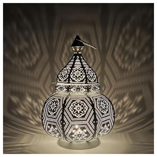 Lanterna orientale Marrakesh Maha bianca, 28 cm, metallo, bianco, da tavolo, realizzata a mano
