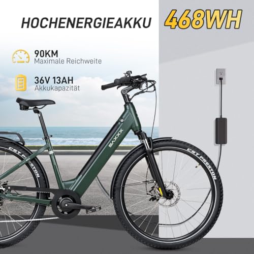 SAXXX E Bike Tiefeinsteiger 27.5 Zoll mit 36V 13Ah Akku, Elektro Fahrrad Erwachsene mit Scheibenbremse, 7 Gang Kettenschaltung Pedelec mit Federgabel, Gepäckträger für Damen/Frauen Herren/Männer – Bild 4