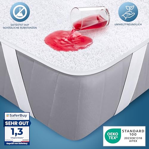 Utopia Bedding Matratzenschoner 200 x 200 cm Wasserdicht, Mit Elastisch Eckbändern, Oeko-TEX Zertifiziert Matratzenauflage Atmungsaktive, Matratzenschutz Weiß 3
