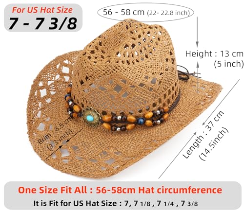 Image of Straw Cowboy Hat, Western Cowgirl Hat, Wide Brim Sun Beach Hat for Men and Women
