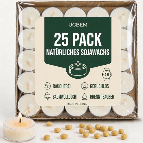 25 lumini naturali inodore in 100% cera di soia, durata 4 ore, senza paraffina, atossici, vegani, in tazza trasparente
