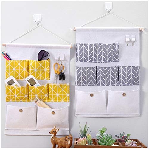 WishLotus Wall Hanging Bag, Linen Cotton Fabrics Hanging Organizers, Cloth Hanging Storage Bag Wall Hanging Organizer Over The Door Magazine Storage 7 Pockets with 2 Key Hooks (Grey)