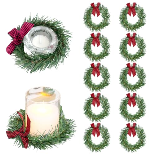 10 Pcs Christmas Candle Rings, Christmas Kitchen Cabinet Wreaths with Ribbon 3.94 Inch Mini Christmas Wreath Red and Black Plaid Bow Farmhouse Wreath for Holiday Christmas Decorations(Bow Tie)