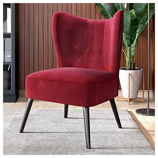 BELLEZE Living Room Chair, Velvet Accent Chair Wingback Armchair with Tufted Button Details, Reading Chair for Bedroom, Comfy Chair - Sheila (Red)