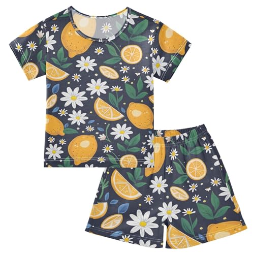 ALAZA Lemon Daisy Lemon Blue Leaves Pajamas Short Sleeve 2 Piece Sleepwear Top and Bottom Pajama Set Unisex