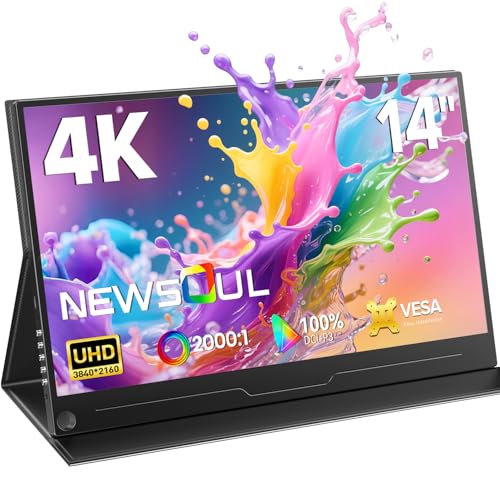 Newsoul Monitor portátil de 14 Pulgadas 4K, Pantalla Portatil UHD de 3840x2160 con Contraste 2000:1, 100% DCI P3, Segunda Pantalla Externa QLED con HDMI/USB C para Laptop/PC/Mac/PS3/4/5/Xbox