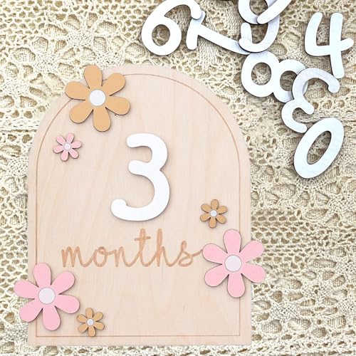 Gleemix 1 Stück Baby Monatliche Meilenstein Karten, Blumen-Stil Meilensteinkarten Baby Holz, Foto Requisiten für Monatskarten Baby 0-12 Monate,Unisex Baby Monatskarten, Babyparty Wachstumsaufzeichnung
