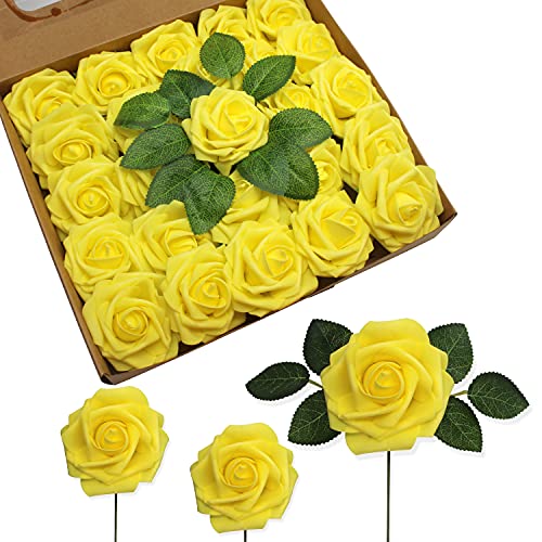 JOYLEX Artificial Flowers Realistic Roses, 25pcs Real Looking Fake Roses with Stem for DIY Wedding Bouquets Centerpieces Bridal Shower Party Home Romantic Decorations (Yellow)