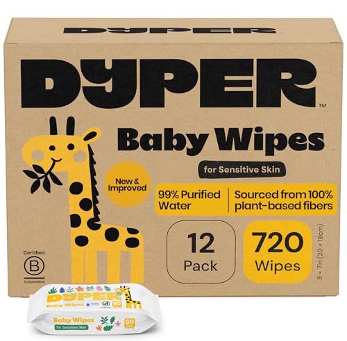 Image of DYPER Baby Wipes Unscented (720 Count) - 99% Water-Based & Hypoallergenic Baby Wipes, Made with Plant-Based Materials, Gentle for Sensitive Skin, Fragrance & Plastic-Free Wet Wipes, 12 Pack