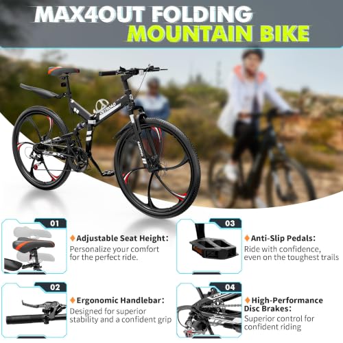Image of Outroad 26 Inch Folding Mountain Bike, 21 Speed Full Suspension High-Carbon Steel MTB Foldable Bikes, Dual Disc Brake Non-Slip Folding Bicycle for Adults /Men /Women, 26 inch Dark