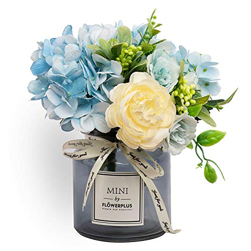 MOOMASS Artificial Flowers with Vase, Hydrangea Hand Bouquet and vase, Ins Style Artificial Flower Set, Suitable for Living Room, Dining Table, Office, Wedding, Hotel Banquet Home Decoration. (Blue)