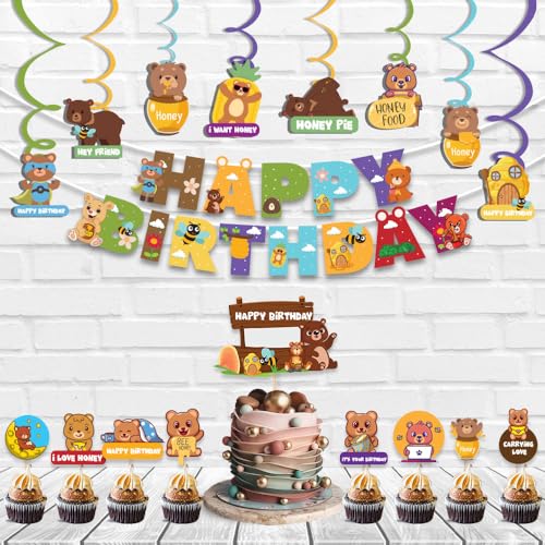 Image of Festiko Set of 26 Pcs Bear Theme Happy Birthday Combo (Banner, Swirls With Cutouts, Cake & Cupcake Toppers), Bear theme birthday decorations