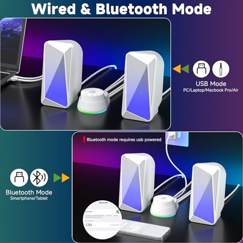 SOULION 2.0 Bluetooth Computer Speakers, USB Powered & 3.5 mm AUX Pc Speakers for Desktop Monitor, LED Flame Lights & Easy-Control Pod, Gaming Speakers for Laptop Tablet White by SOULION - Image 5