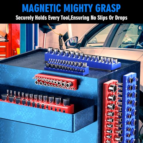 Image of Magnetic Socket Organizer Set, 6-Piece Socket Holder Trays for 1 /4 inch 3 /8 inch 1 /2 inch Drive, Holds up to 143 Sockets, Compatible with Metric and SAE Sizes (Blue & Red)