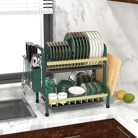 2 Tier Gold Green Dish Drying Rack with Drain Board Stainless Dish Racks for with Cutlery and Knife Holder Carbon Steel Compact Dish Drain for Kitchen Counter (41 x 24.5 x 41 cm)
