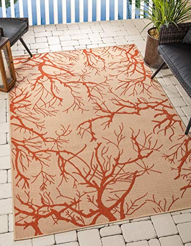 Unique Loom Outdoor Botanical Collection Area Rug - Branch (4' x 6' Rectangle, Beige and Terracotta/ Terracotta)