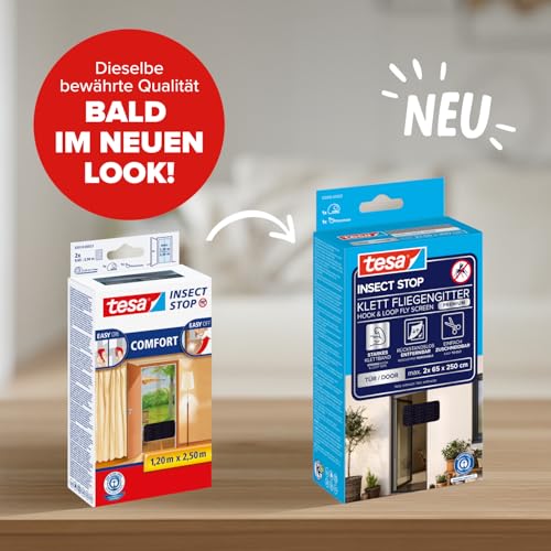 tesa INSECT STOP Klett Fliegengitter Premium für Türen - 2-tlg Insektenschutz mit Klettband, rückstandsfrei entfernbar, zuschneidbar - ohne Bohren - (2 x 65cm)120cm x 250cm - Anthrazit (Durchsichtig)