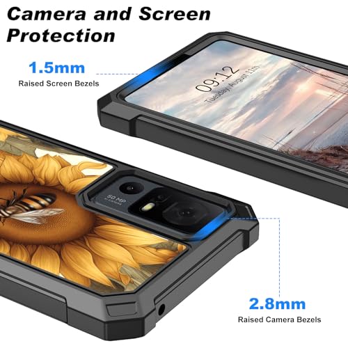 Qindaiwen for TCL 40 XE 5G Case with Tempered Glass Screen Protector, Heavy Duty Shockproof Dual Layer Structure Protective Cover Silicone TPU Case for TCL 40 XE 5G 2023, Bee Sunflower