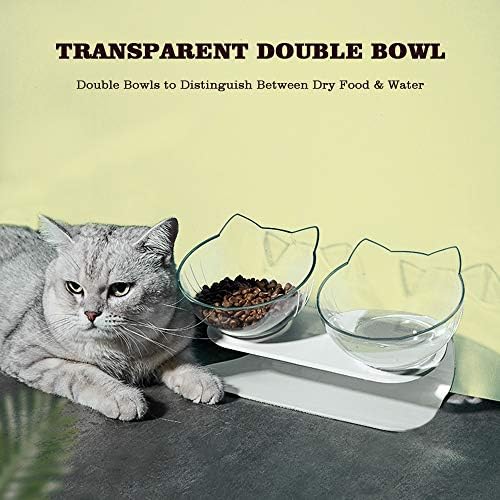 Double Cat Bowl with Raised Stand, 15° Tilted Anti-Slip Transparent Cat Food and Water Bowl, Adjustable Platform Cat Feeder Detachable Pet Feeding Bowl for Cats and Small Dogs (with Food Scoop)