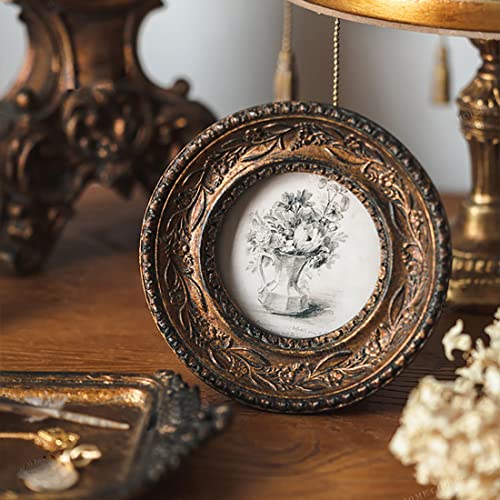 Sikoo Small Vintage 3×3 Round Picture Frame Antique Ornate Mini Photo Frame Table Top Display And Wall Hanging With High Definition Glass Front For Home Decor, Old-Fahioned Photo Gallery, Retro Art, Bronze Gold #TOP1