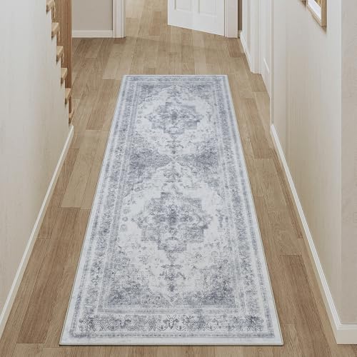 HUGEAR Vintage Blau Waschbarer Teppich 60x240cm LäUfer Flur rutschfest Weich Vorzimmer Tepich Kurzflor Schlafzimmer Retroteppiche KüChe Bedroom Brücken Hallway Carpet Notleidende | Blau 60 x