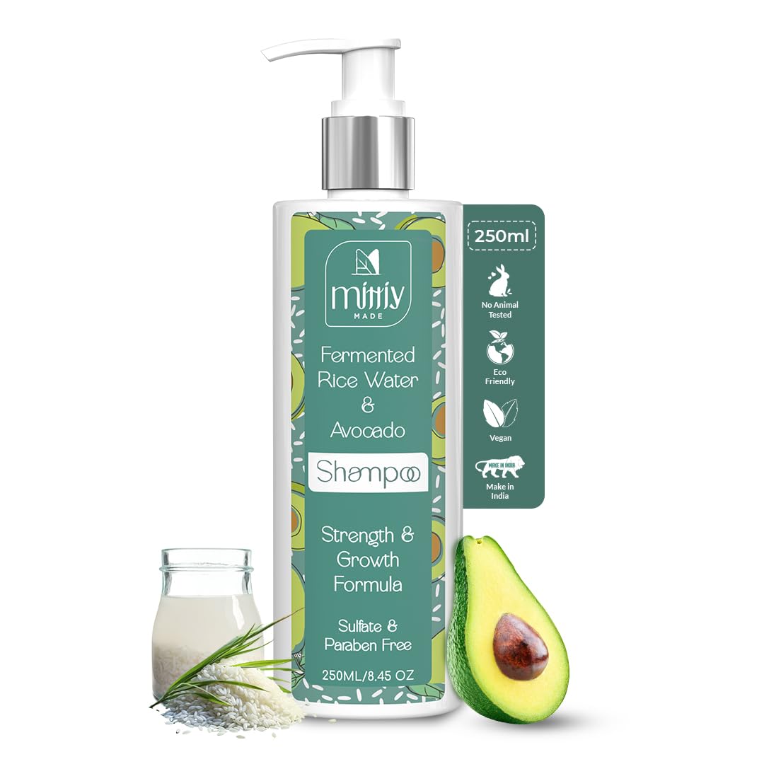 Mittiy Made Anti-Dandruff Rice Water Shampoo With Avocado for Damaged & Frizzy Hair, Hair Fall Control With Strength & Growth Formula, Paraben & Sulphate Free 250 ML