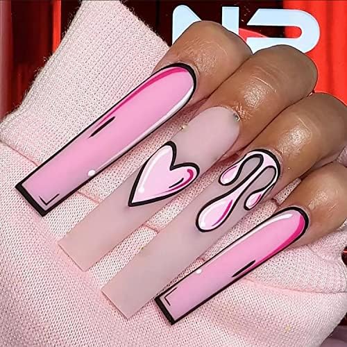 Pink Heart Press on Nails Long Coffin False Nails with Designs Full Cover Stick on Nails Comic 2D Valentines Day Glue on Nails Matte Acrylic Artificial Nails DIY Fake Nails for Women Girls