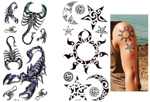 Lot de 2 feuilles de tatouage tribal Scorpion Tatouage temporaire 3D14 M190