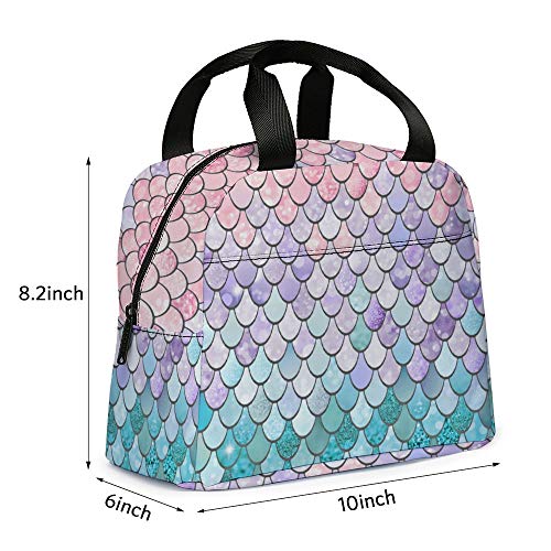 Lunch Bag, Cute Kids Reusable Cooler Lunch Tote Bag Insulated Leakproof Lunch Box Container With Front Pocket For Girls Boys School Work Picnic (Pink Meraid Scale) #TOP5