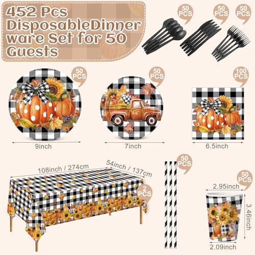 Image of Funnymoom 452 Pcs Fall Thanksgiving Party Decorations, Black White Buffalo Plaid and Orange Pumpkin Maple Leaves Paper Plates Napkins Cups Tablecloth Cutlery Straws for Autumn Harvest Party Supplies