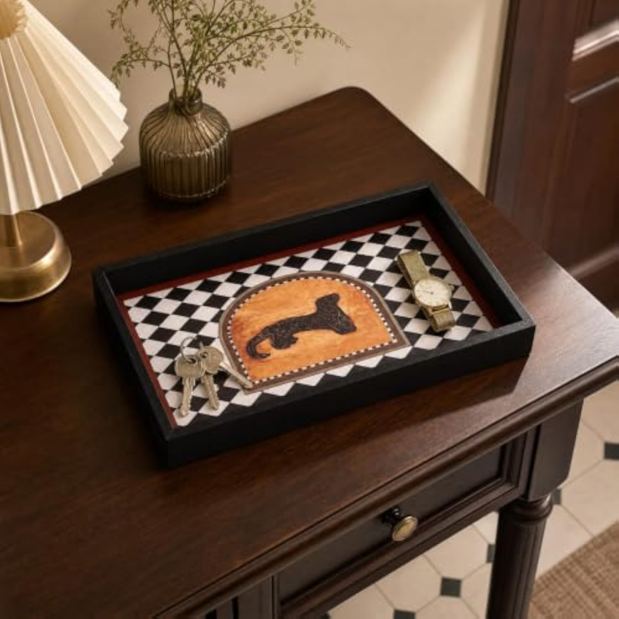 Decorative Rectangular Wooden Tray with Leather Surface