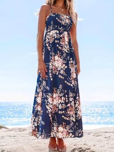 Image of CUPSHE Women's Floral Maxi Dress Spaghetti Strap Summer Boho Beach Dress Smocked Sundress Casual Vacation Flowy Long Dress