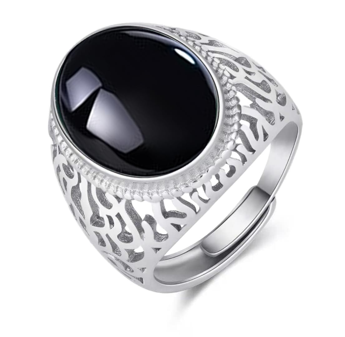 HAIXIAN Hollow out design Mens S925 Sterling Silver Ring with Natural Oval Agate Stone,Adjustable Handmade Mens Turkish Ring Jewelry