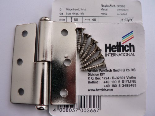 Hettich Möbelband links, vernickelt, Maße 50x40 mm, 2 Stück mit Schrauben, Artikelnummer 366