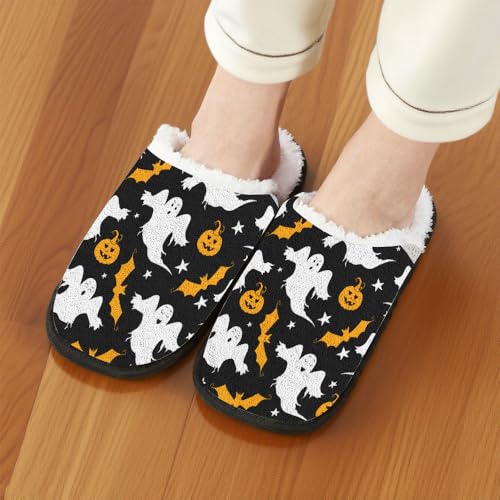 House Slippers for Woman Man Halloween Funny Pumpkin Ghost Spooky Spider Web Skeleton Bat Skull Witch Fuzzy Slipper Winter Slip on Cozy Memory Foam House Shoes School Supplies Gifts3