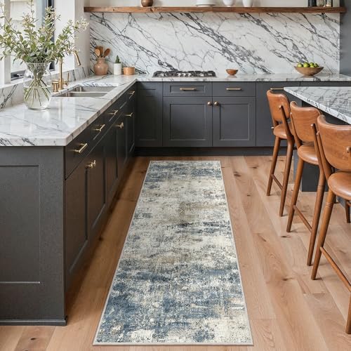Image of GENIMO Runner Rug Non Slip 2'6 inchx8', Washable Rug Runner for Hallways Kitchen, Abstract Modern Kitchen Rugs, Low Pile Lightweight Carpet Runners for Entryway, Bedroom, Laundry, Navy Blue