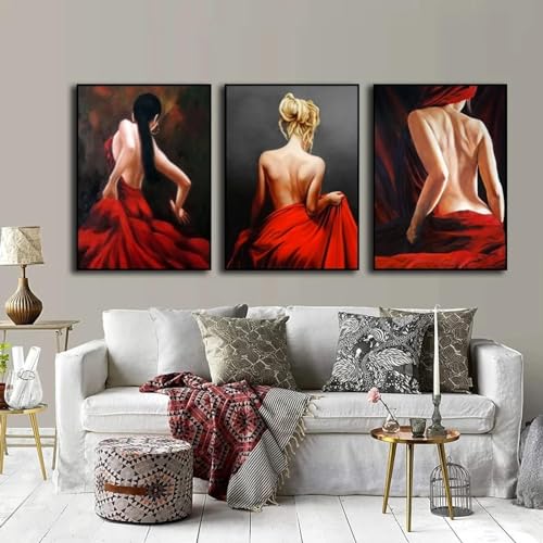 Affiches abstraites de personnages féminins nus de danse rouge 80x110 cm x3