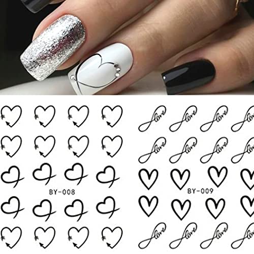 Valentines Day Nail Art Stickers Decals Black Graffiti Love Heart Water Transfer Slider English Letter Stickers Valentine's Sliders Nail Art Decoration 2023 Manicure Tips 12 Sheets (C) #TOP2