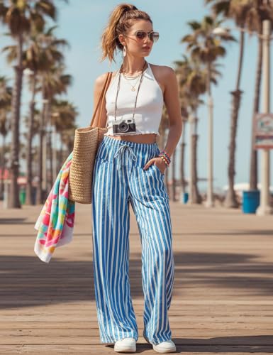 Image of MISSACTIVER Women Drawstring Striped Pants Loose Wide Leg Trousers Casual Low Waist Pants Comfy Lounge Pants with Pockets