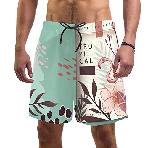 Short de bain homme imprimé feuilles et flamant rose avec taille élastique S