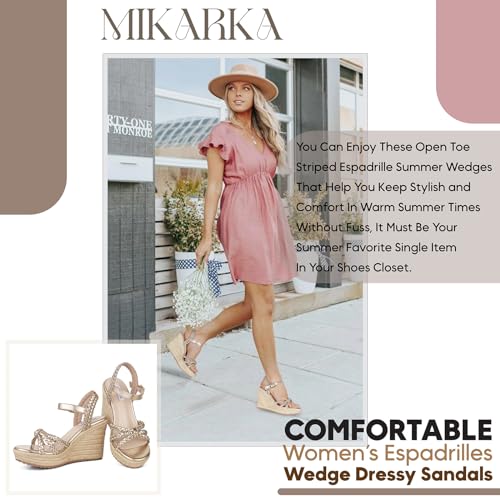mikarka Sandálias femininas espadrille Wedge com nó trançado, tira no tornozelo, bico aberto, plataf