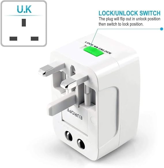 Hepsi Bir Arada Dünya Geneli Üniversal Seyahat Adaptörü - 150+ Ülke Uyumlu (UK/EU/US/AUS), Kompakt Boyut (7x5x4 cm), Beyaz