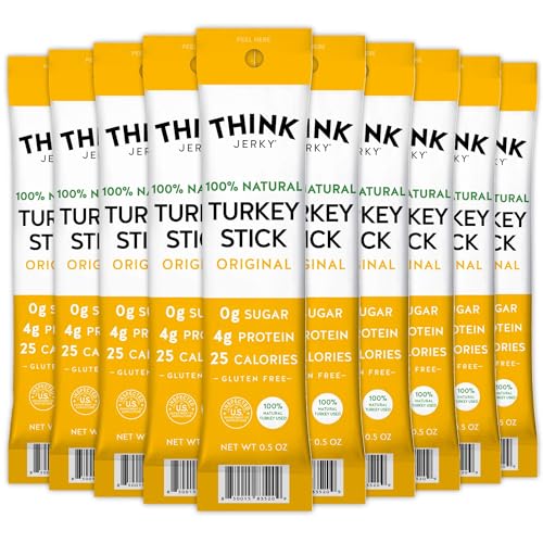 Think Jerky All-Natural Turkey Sticks, Gluten and Sugar Free, No Nitrates, Keto Paleo Friendly High Protein Low Carb Meat Snack - 0.5 oz Sticks, 20 Pack