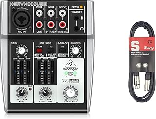 Behringer XENYX 302USB Premium 5-Input Mixer with XENYX Mic Preamp and USB/Audio Interface, Compatible with PC and Mac & Stagg SMC3 3m XLR to XLR Plug Microphone Cable, Black