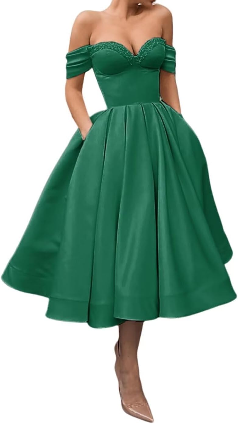 A Line Off Shoulder Prom Dresses for Women Satin Tea Length Cocktail Party Dresses with Pockets