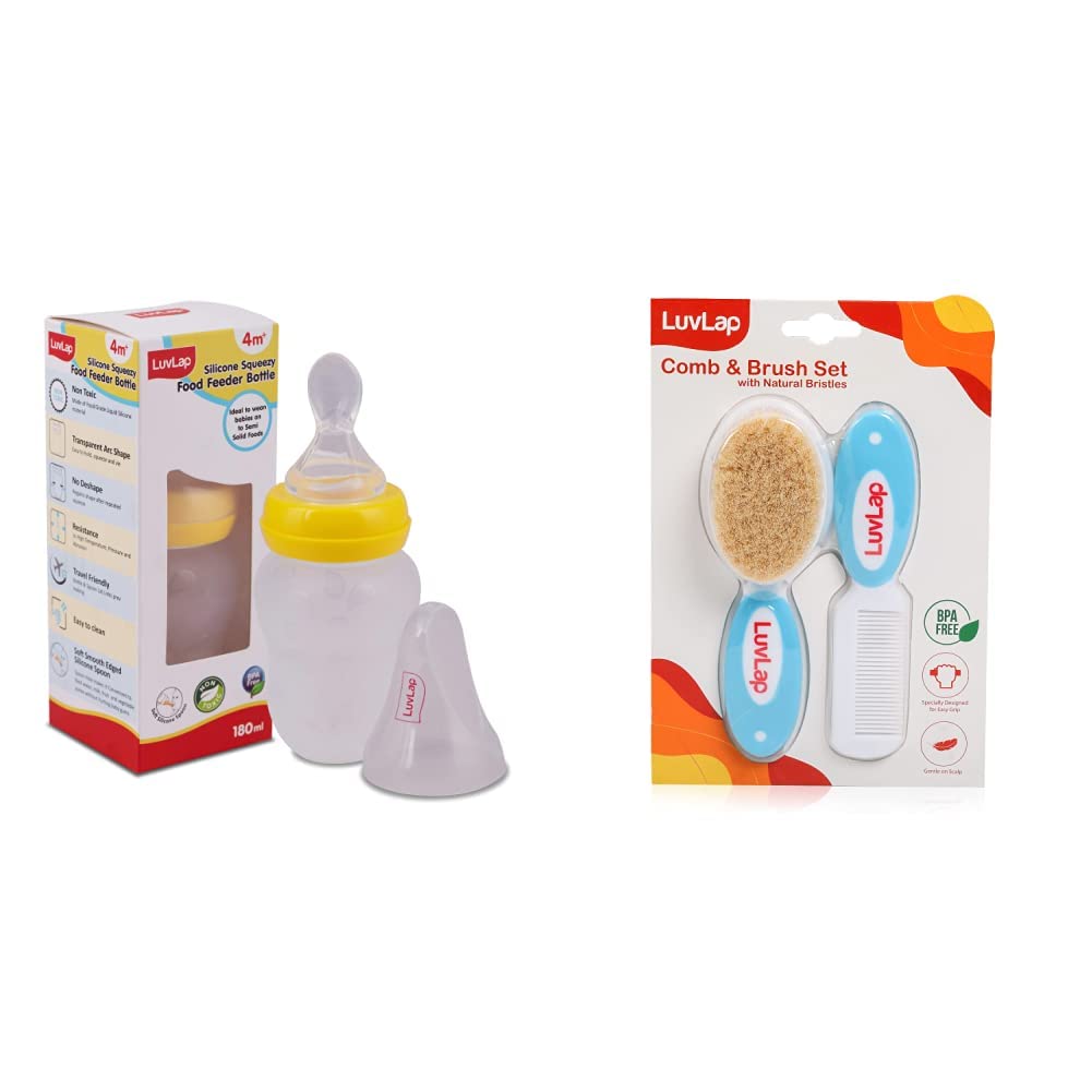 LuvLap Feeding Spoon with Squeezy Food Grade Silicone Feeder Bottle, for Infant Baby, 180ml & Baby Comb with Rounded Tip & Baby Hair Brush (White & Blue)