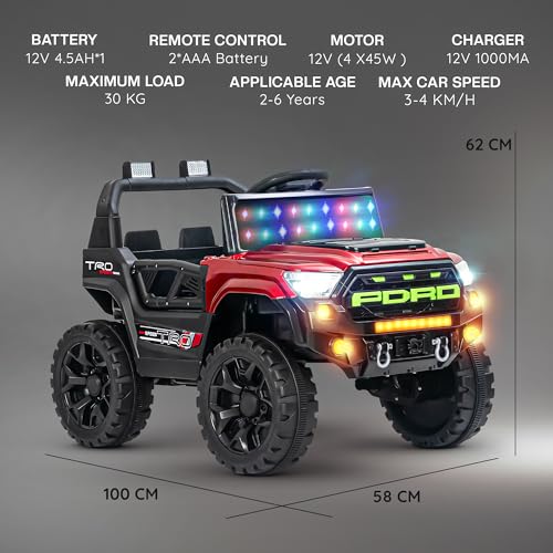 Image of Baybee Maverick Battery Operated Jeep for Kids with RGB Windshield Light, Bluetooth, USB & Music | Baby Big Ride on Battery Car | Electric Jeep Car for Kids to Drive for 2 to 6 Years Boys Girls (Red)