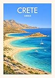Póster de viaje de Creta Grecia, arte de pared de playa de estilo vintage, impresión de paisaje costero mediterráneo, tamaño A4