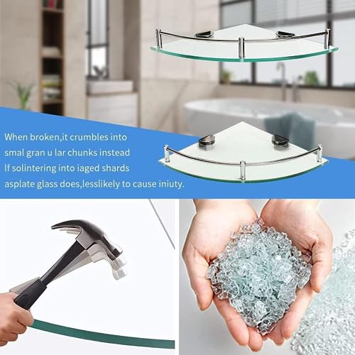 Waklond Bathroom Shelves, 2-Tier Glass Corner Shelf Wall Mounted,Corner Shower Shelf Tempered Glass Shelf For Storing Seasoning Bottle/Brush/Shower Gel/Soap/Shampoo (Silver - 2Pcs) #TOP4